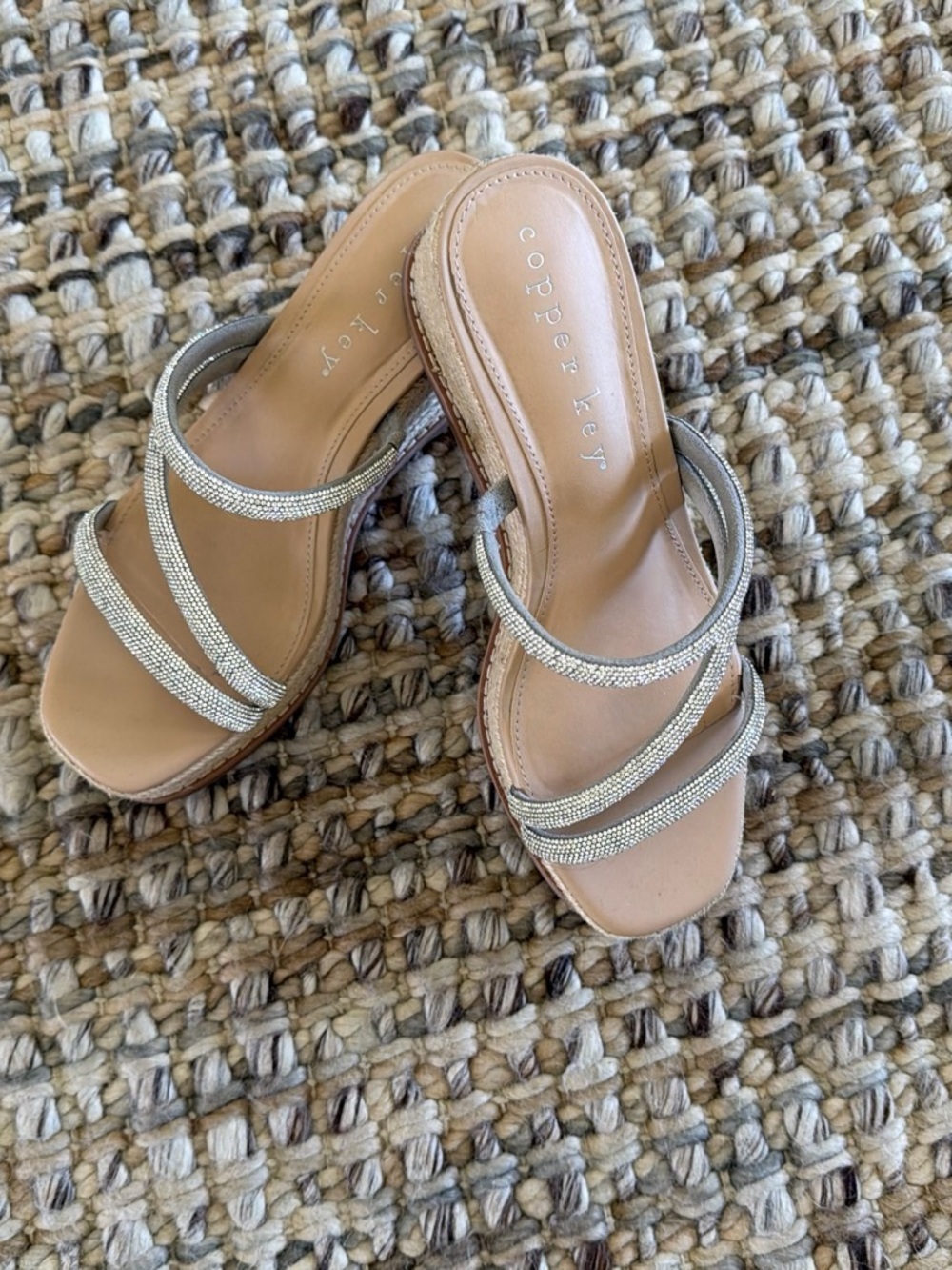 Copper Key Silver Rhinestone Strappy Slide Sandals - Picture 4 of 5